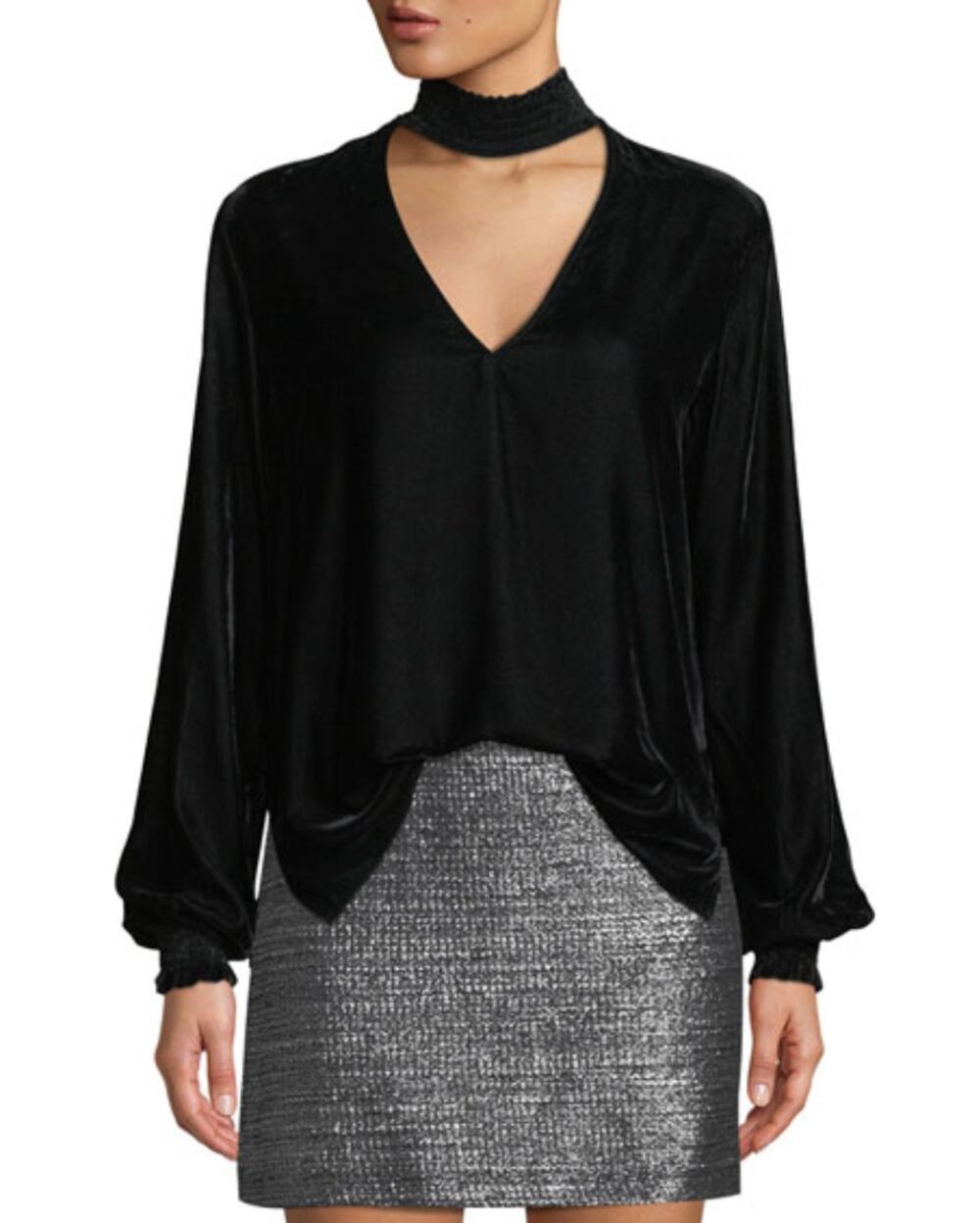 BAILEY 44 Black Velvet Choker V-Neckline Balloon Sleeve Blouse Top Shirt Size S